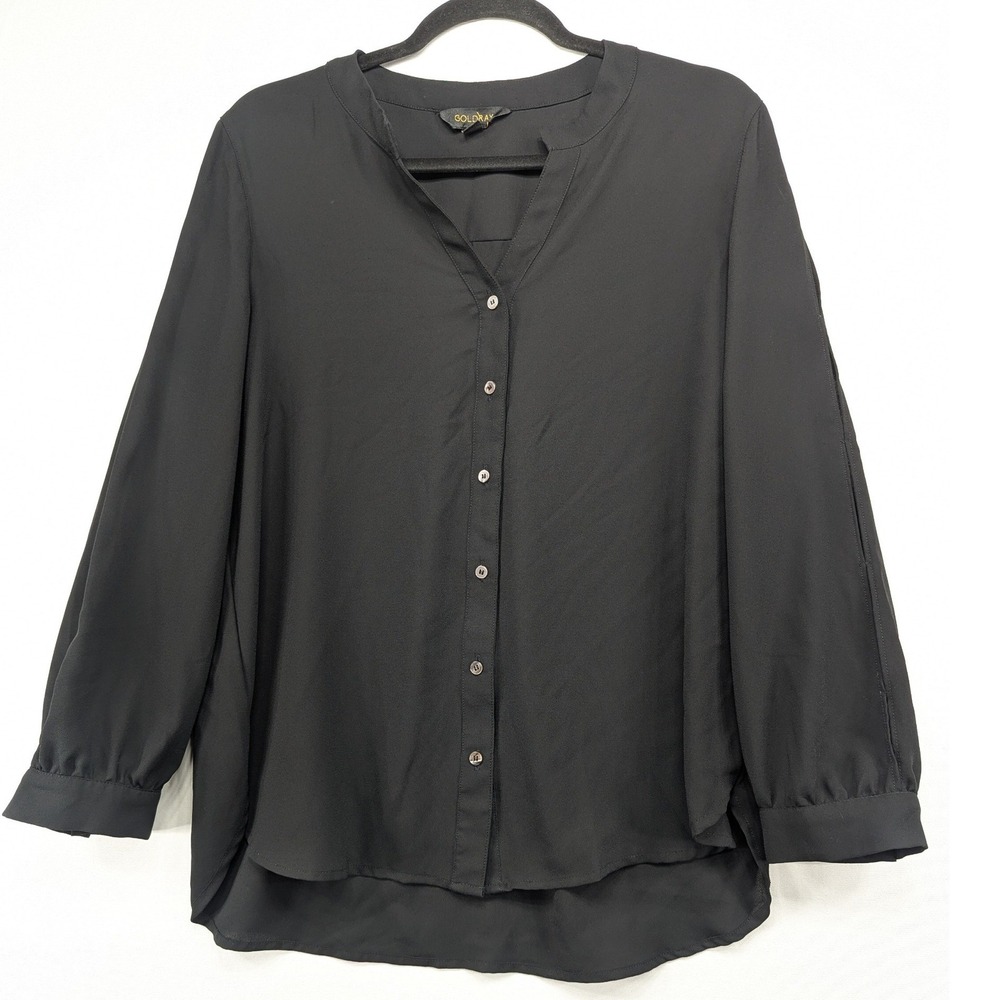 Goldray Black Button Front Blouse Long Sleeve Split V-Neck Petite Large L P